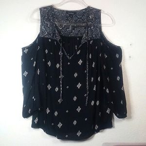 Lucky Brand Boho Top Black Cold Shoulder V-Neck size S